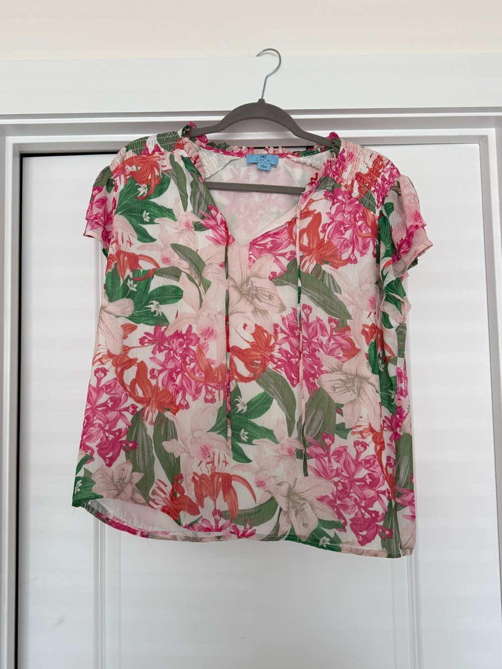 CeCe Floral Short-Sleeve Peasant Top - Pink & Green